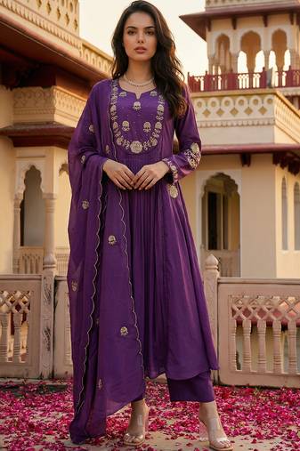 Purple chanderi silk heavy thread embroidery work kurta pant set