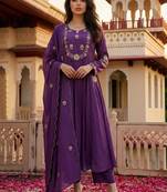 Purple chanderi silk heavy thread embroidery work kurta pant set