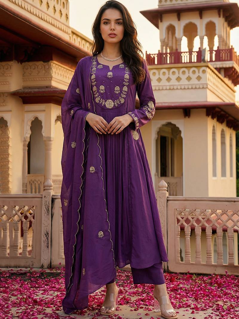 Purple chanderi silk heavy thread embroidery work kurta pant set