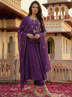 Purple chanderi silk heavy thread embroidery work kurta pant set 2