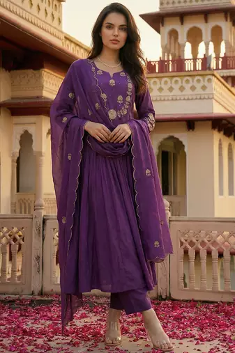 Purple chanderi silk heavy thread embroidery work kurta pant set
