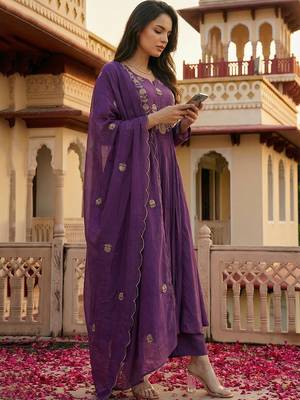 Purple chanderi silk heavy thread embroidery work kurta pant set 3