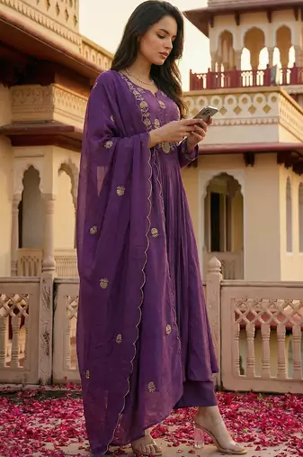 Purple chanderi silk heavy thread embroidery work kurta pant set