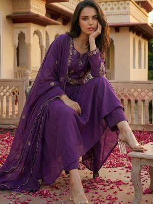 Purple chanderi silk heavy thread embroidery work kurta pant set 4