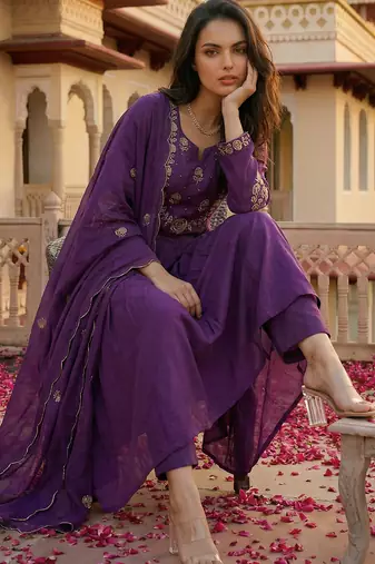 Purple chanderi silk heavy thread embroidery work kurta pant set