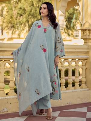 Ocean mist chanderi silk heavy thread embroidery work kurta pant set 2
