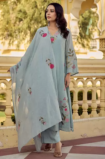 Ocean mist chanderi silk heavy thread embroidery work kurta pant set