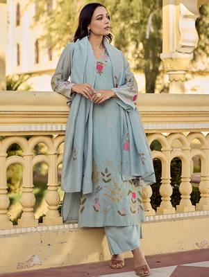 Ocean mist chanderi silk heavy thread embroidery work kurta pant set 4