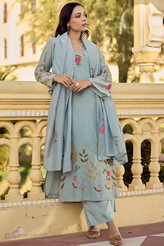 Ocean mist chanderi silk heavy thread embroidery work kurta pant set