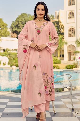 Pink chanderi silk heavy thread embroidery work kurta pant set
