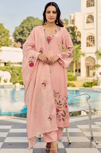 Pink chanderi silk heavy thread embroidery work kurta pant set