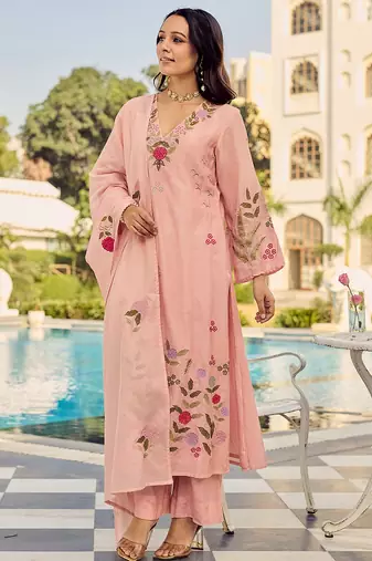 Pink chanderi silk heavy thread embroidery work kurta pant set
