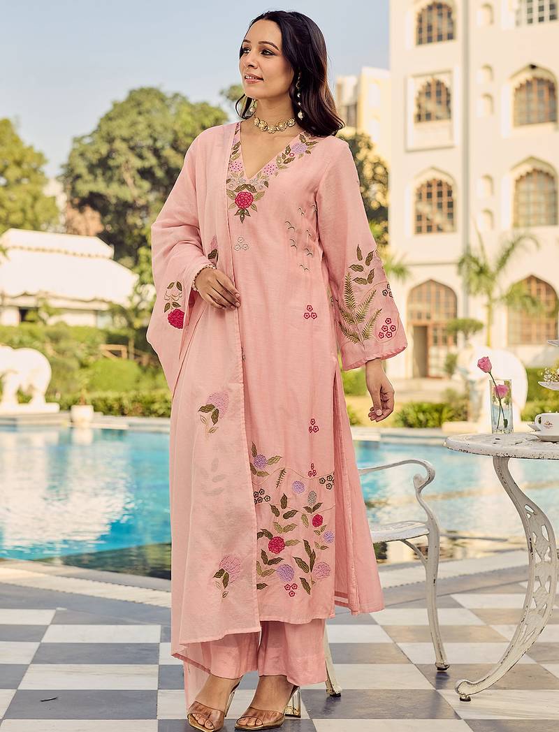 Pink chanderi silk heavy thread embroidery work kurta pant set