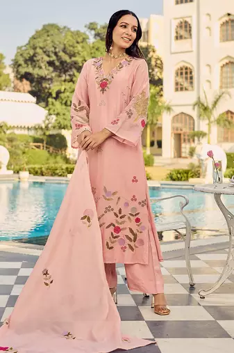 Pink chanderi silk heavy thread embroidery work kurta pant set
