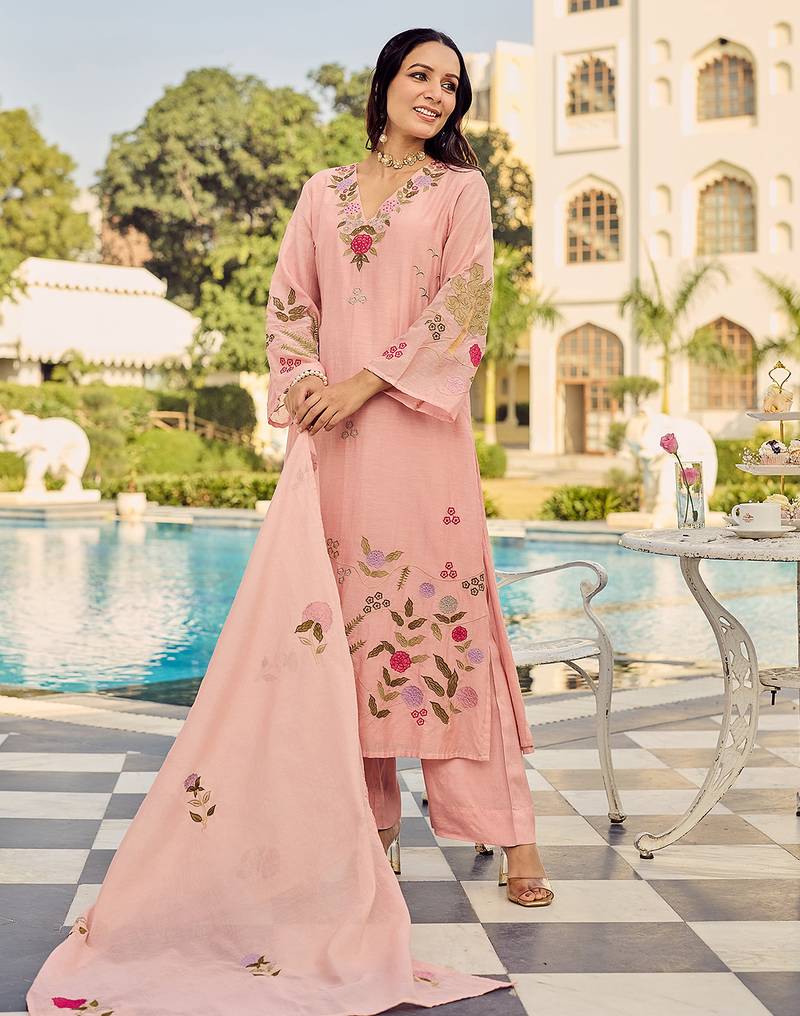 Pink chanderi silk heavy thread embroidery work kurta pant set