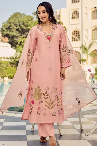 Pink chanderi silk heavy thread embroidery work kurta pant set