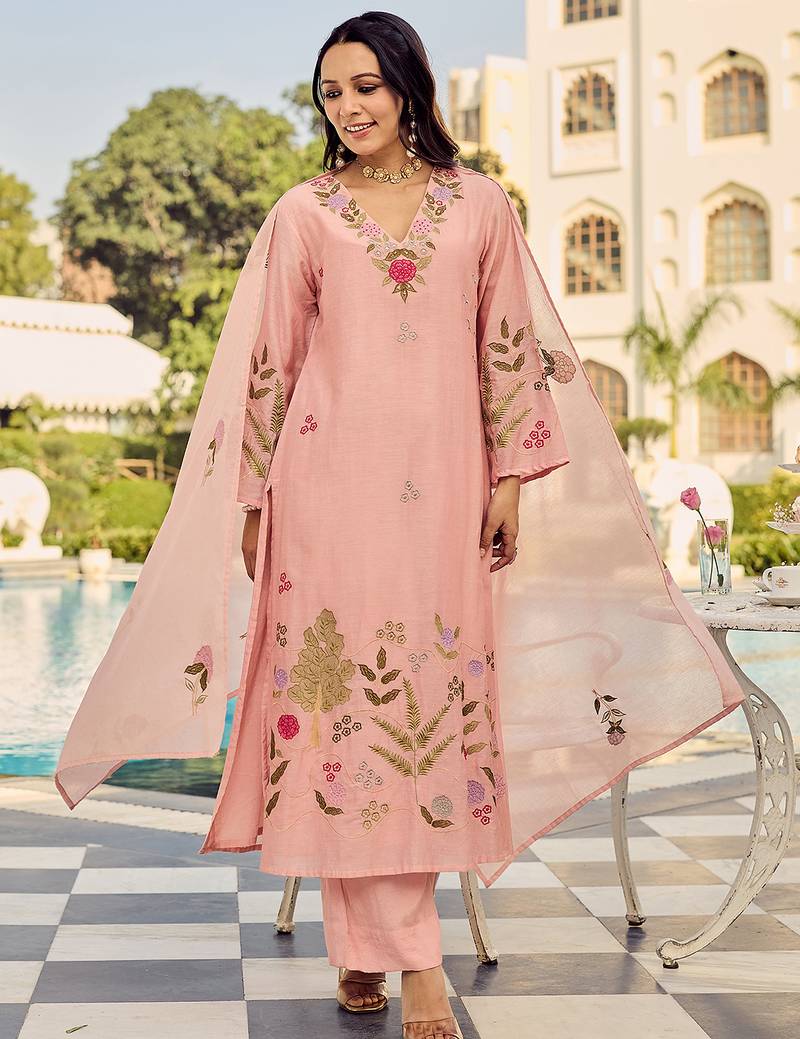 Pink chanderi silk heavy thread embroidery work kurta pant set