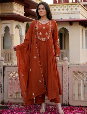 Rust chanderi silk heavy thread embroidery work kurta pant set 1