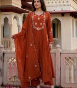 Rust chanderi silk heavy thread embroidery work kurta pant set