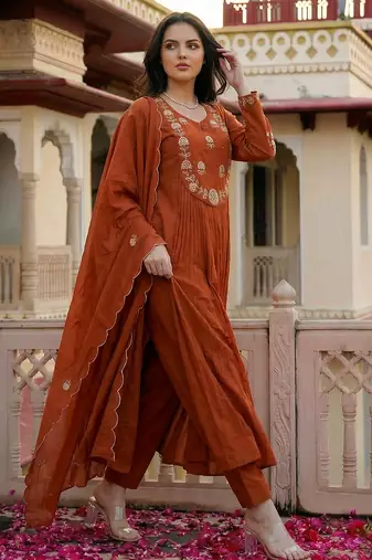 Rust chanderi silk heavy thread embroidery work kurta pant set