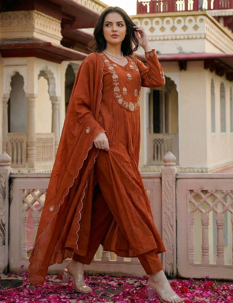 Rust chanderi silk heavy thread embroidery work kurta pant set