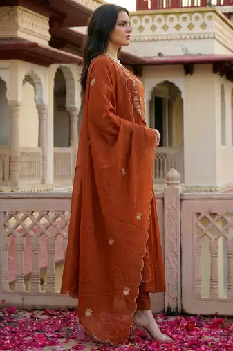 Rust chanderi silk heavy thread embroidery work kurta pant set