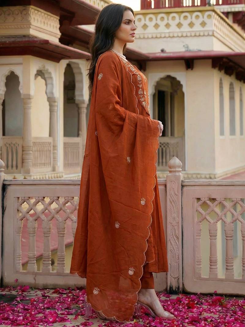 Rust chanderi silk heavy thread embroidery work kurta pant set