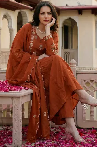 Rust chanderi silk heavy thread embroidery work kurta pant set