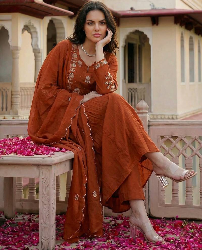 Rust chanderi silk heavy thread embroidery work kurta pant set