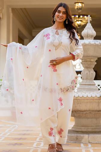 Off white satin heavy thread embroidery sequins work kurta patiala pant set