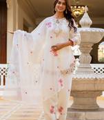 Off white satin heavy thread embroidery sequins work kurta patiala pant set