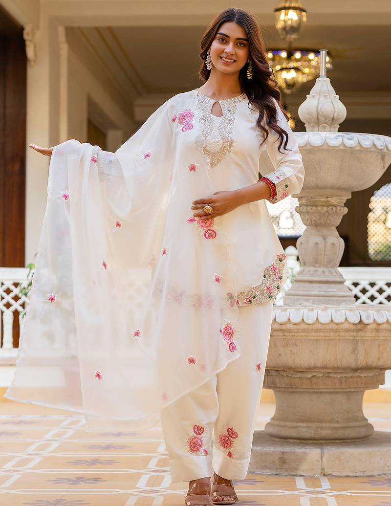 Off white satin heavy thread embroidery sequins work kurta patiala pant set