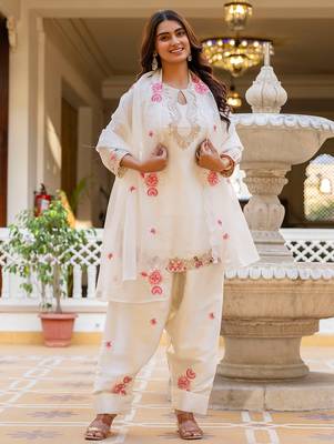 Off white satin heavy thread embroidery sequins work kurta patiala pant set 2
