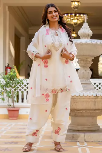 Off white satin heavy thread embroidery sequins work kurta patiala pant set