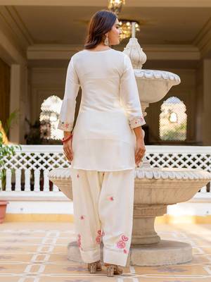 Off white satin heavy thread embroidery sequins work kurta patiala pant set 3