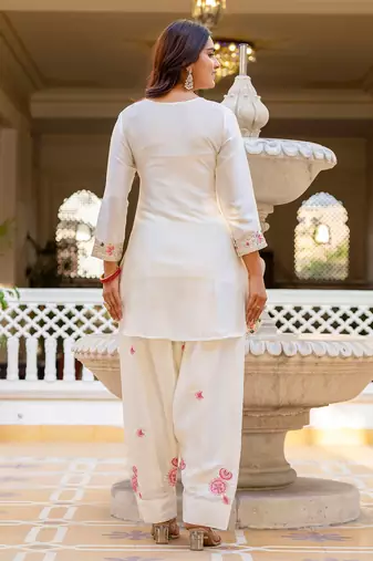Off white satin heavy thread embroidery sequins work kurta patiala pant set