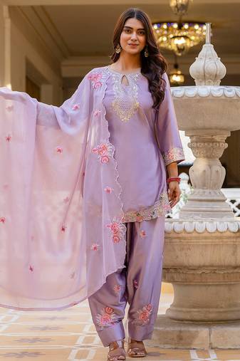 Purple satin heavy thread embroidery sequins work kurta patiala pant set