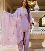 Purple satin heavy thread embroidery sequins work kurta patiala pant set
