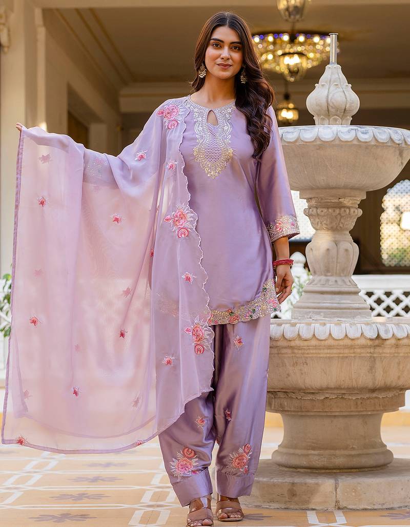 Purple satin heavy thread embroidery sequins work kurta patiala pant set