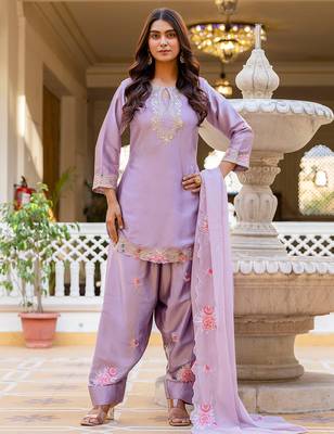 Purple satin heavy thread embroidery sequins work kurta patiala pant set 2