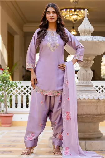 Purple satin heavy thread embroidery sequins work kurta patiala pant set
