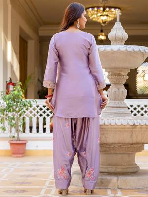 Purple satin heavy thread embroidery sequins work kurta patiala pant set 3