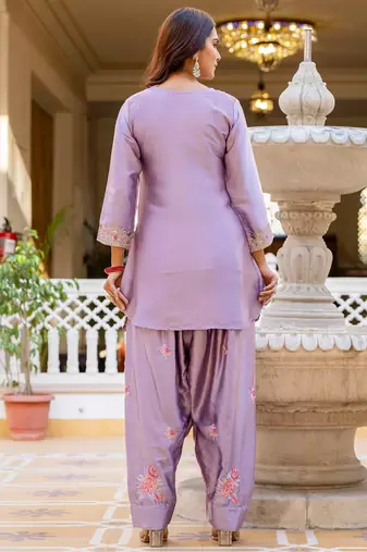 Purple satin heavy thread embroidery sequins work kurta patiala pant set