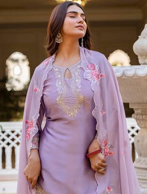 Purple satin heavy thread embroidery sequins work kurta patiala pant set 4