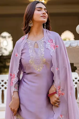 Purple satin heavy thread embroidery sequins work kurta patiala pant set
