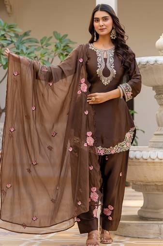 Coffee satin heavy thread embroidery sequins work kurta patiala pant set