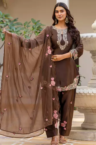Coffee satin heavy thread embroidery sequins work kurta patiala pant set