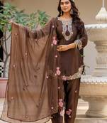 Coffee satin heavy thread embroidery sequins work kurta patiala pant set