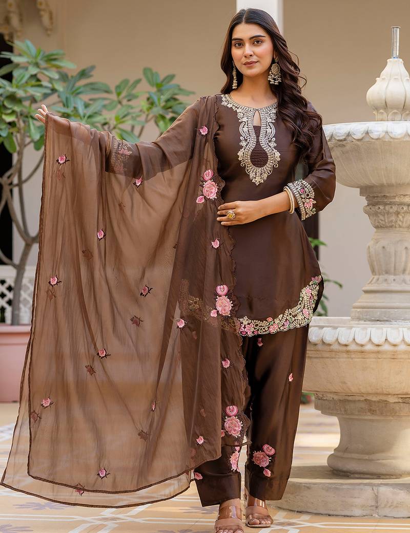 Coffee satin heavy thread embroidery sequins work kurta patiala pant set
