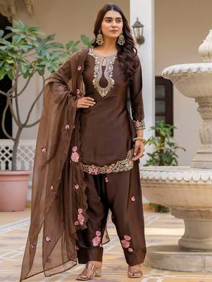 Coffee satin heavy thread embroidery sequins work kurta patiala pant set 2